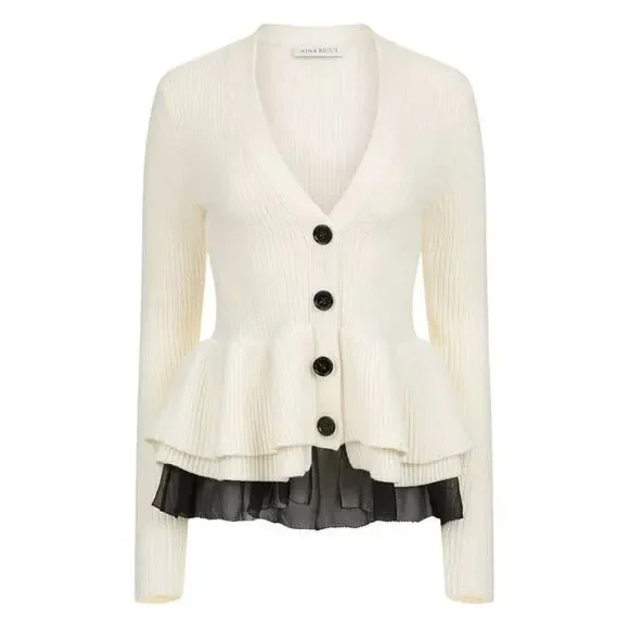 Nina RicciV Neck Layered Mix Ruffled Wool Knit Cardigan in Cream M